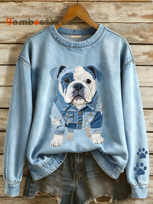Women’s Denim Patchwork Art French Bulldog Pattern Sweatshirt Blue / S
