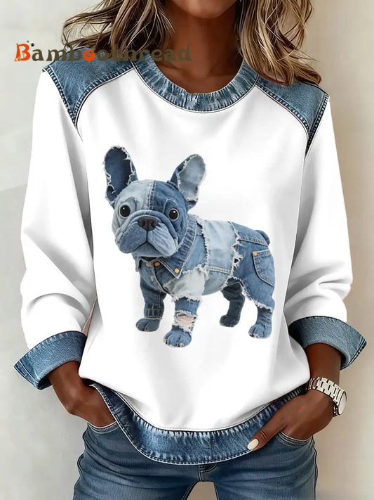 Women’s Denim Patchwork Art French Bulldog Pattern Sweatshirt White / S