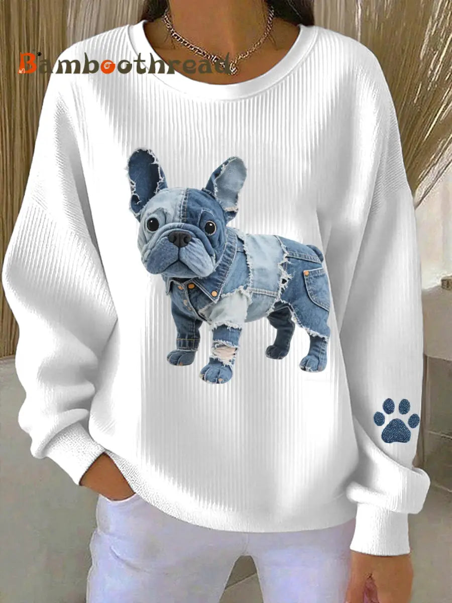 Women’s Denim Patchwork Art French Bulldog Pattern Sweatshirt White / S