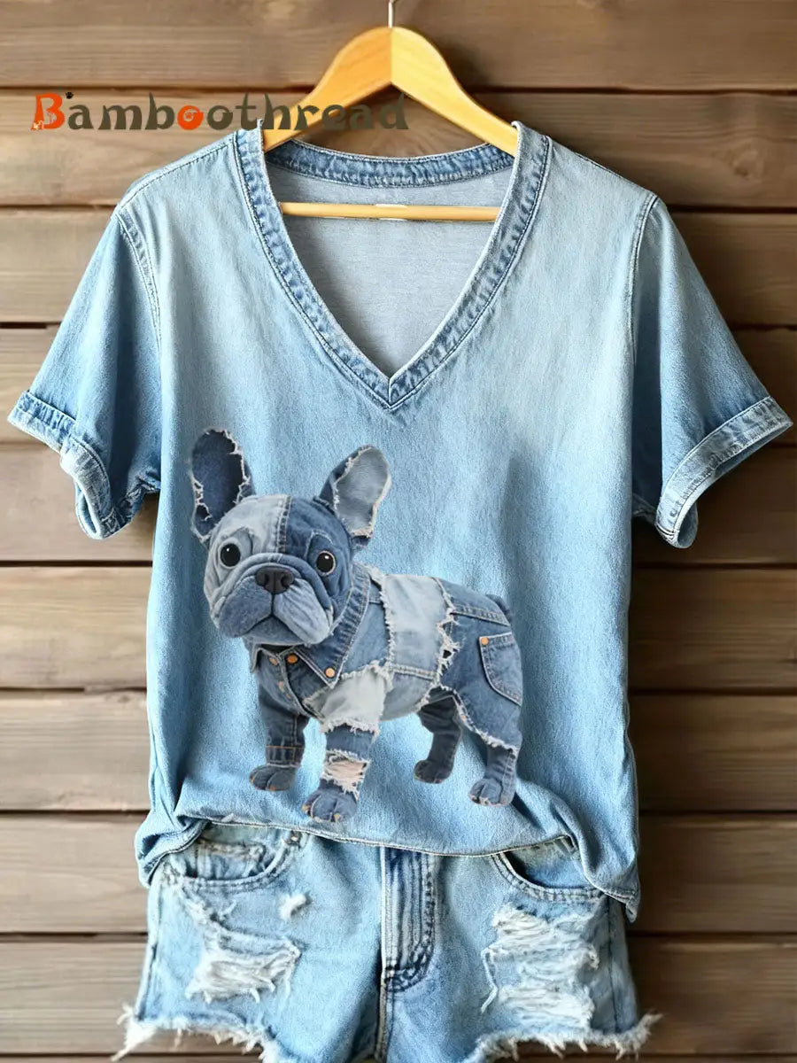 Women’s Denim Patchwork Art French Bulldog Pattern V-Neck T-Shirt Blue / S