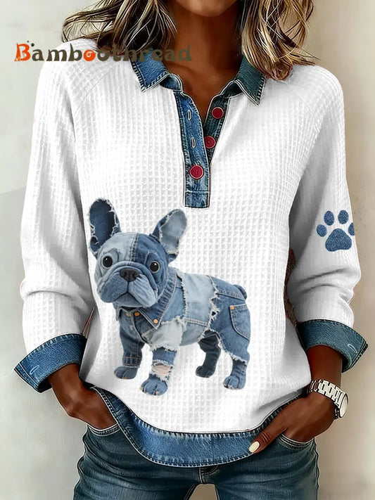 Women’s Denim Patchwork Art French Bulldog Pattern Waffle Top White / S