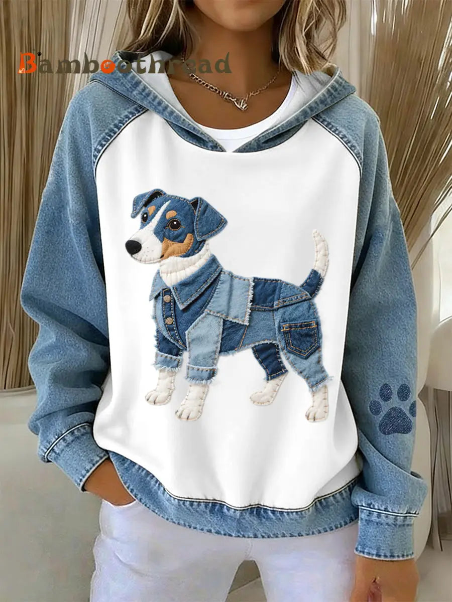 Women’s Denim Patchwork Art Jack Russell Terrier Dog Pattern Hoodie As picture / S