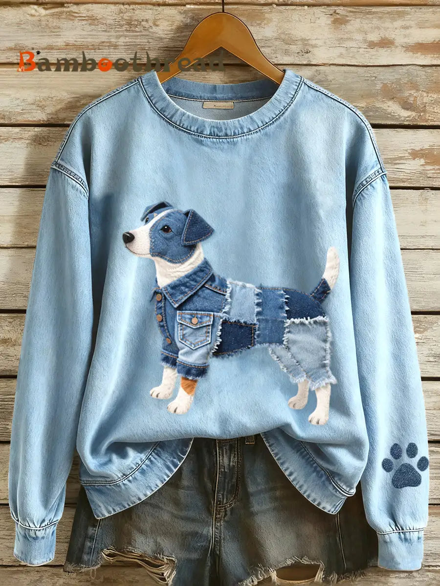 Women’s Denim Patchwork Art Jack Russell Terrier Dog Pattern Sweatshirt Blue / S