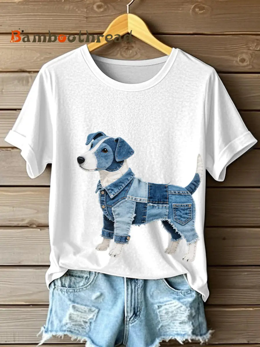 Women’s Denim Patchwork Art Jack Russell Terrier Dog Pattern T-Shirt White / S