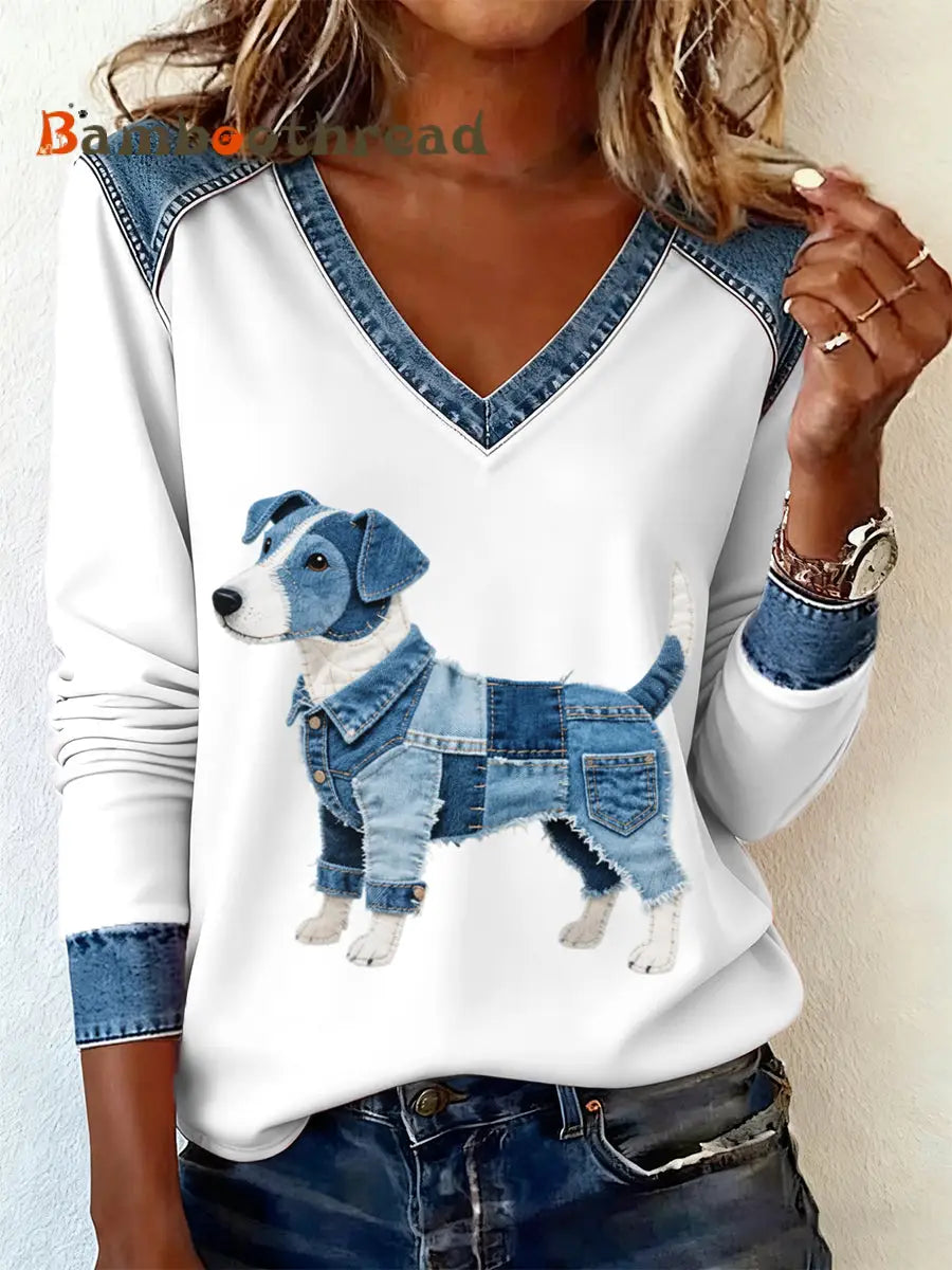 Women’s Denim Patchwork Art Jack Russell Terrier Dog Pattern V-neck Long Sleeve T-Shirt As picture / S