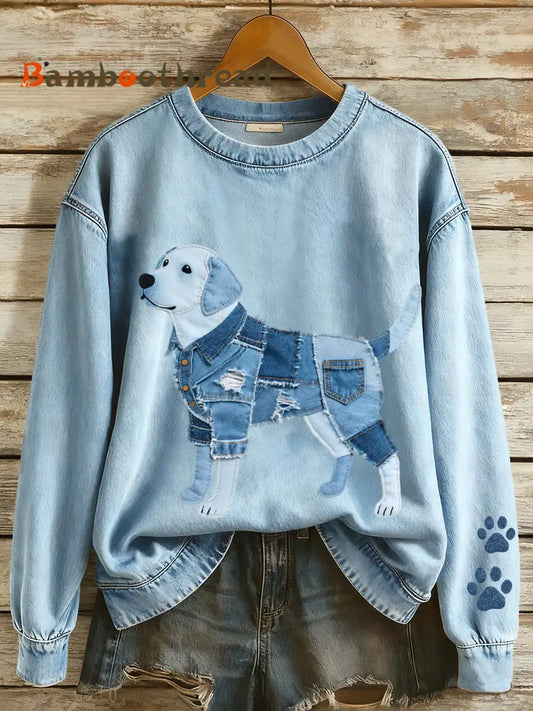 Women’s Denim Patchwork Art Labrador Retriever Pattern Sweatshirt Blue / S