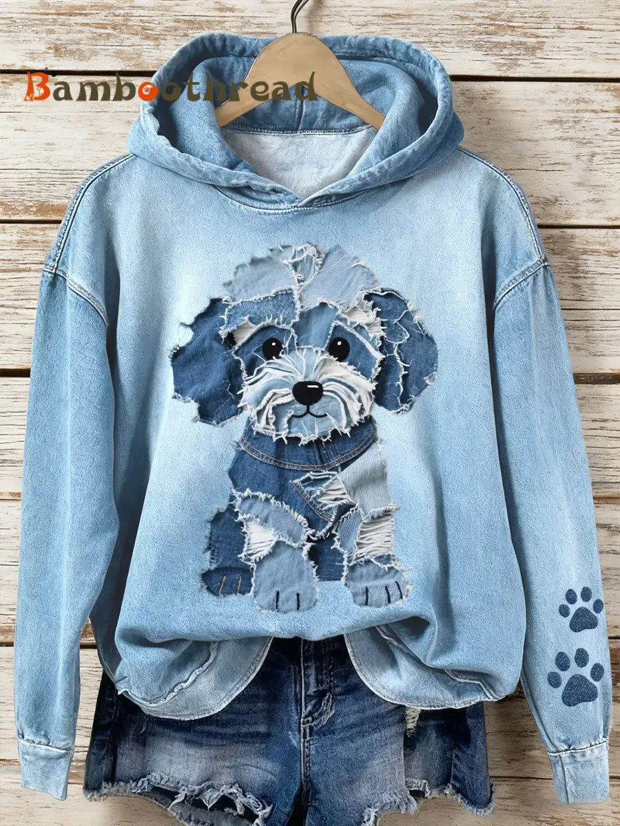 Women’s Denim Patchwork Art Lovely Dog Pattern Hoodie Blue / S