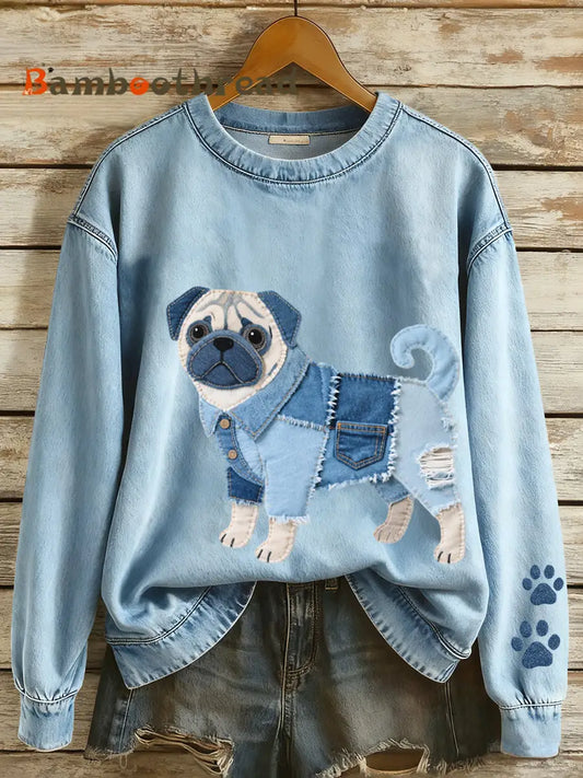 Women’s Denim Patchwork Art Pug Dog Pattern Sweatshirt Blue / S