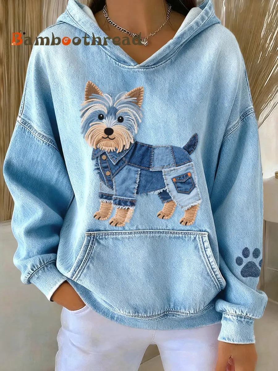 Women’s Denim Patchwork Art Yorkshire Terrier Dog Pattern Hoodie Blue / S
