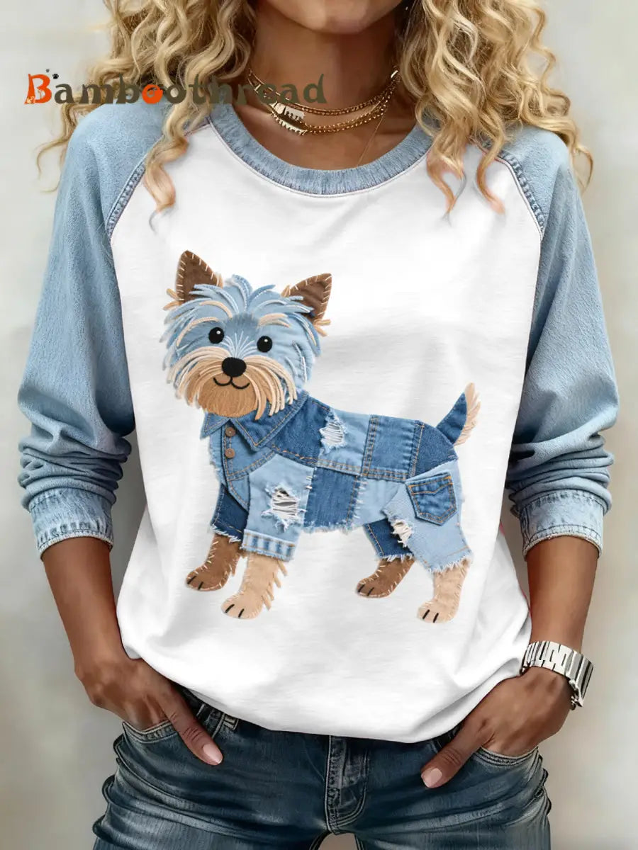 Women’s Denim Patchwork Art Yorkshire Terrier Dog Pattern Sweatshirt Light Blue / S