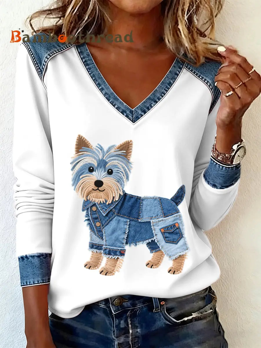 Women’s Denim Patchwork Art Yorkshire Terrier Dog Pattern V-neck Long Sleeve T-Shirt As picture / S