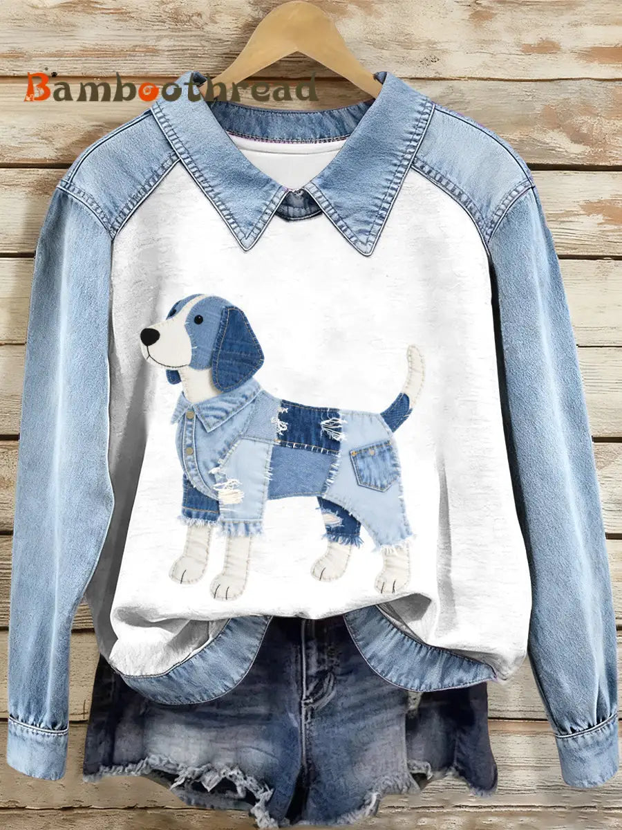 Women’s Denim Patchwork Beagle Dog Pattern Sweatshirt As picture / S