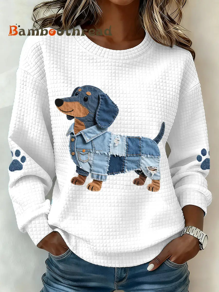 Women’s Denim Patchwork Dachshund Dog Pattern Waffle Sweatshirt White / S