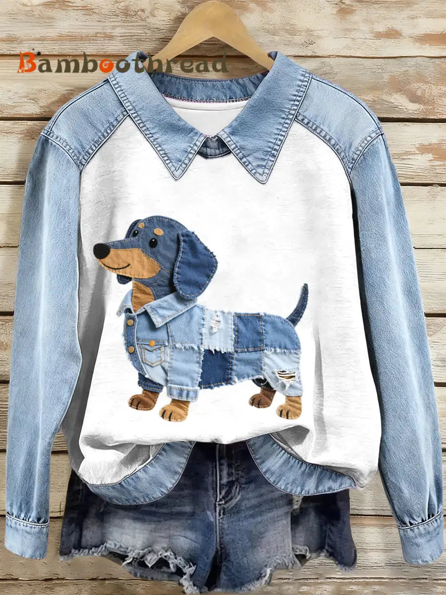 Women’s Denim Patchwork Dachshund Pattern Sweatshirt As picture / S