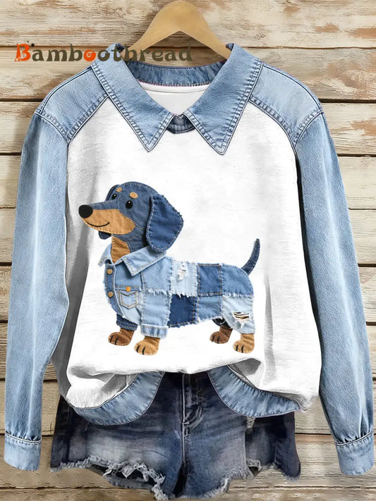 Women’s Denim Patchwork Dachshund Pattern Sweatshirt As picture / S
