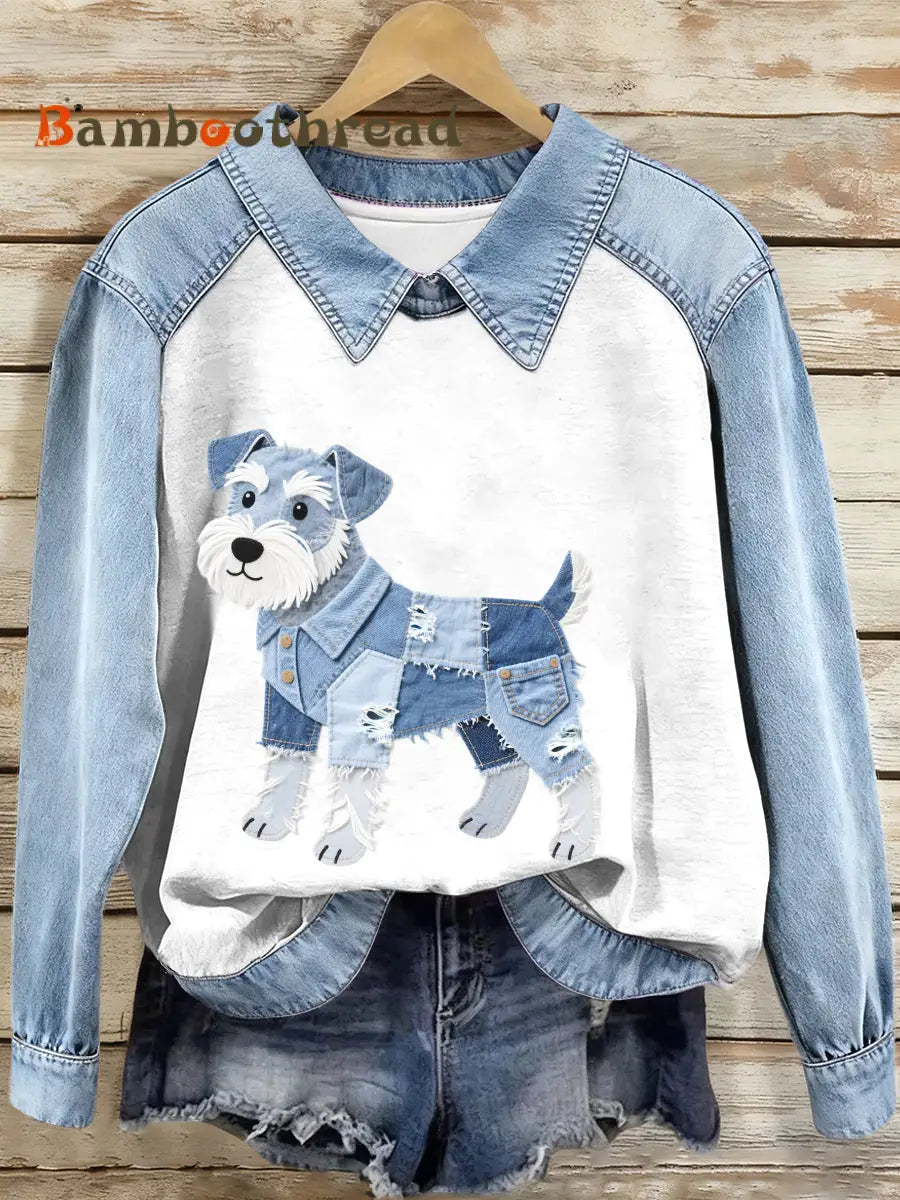 Women’s Denim Patchwork Schnauzer Dog Pattern Sweatshirt As picture / S