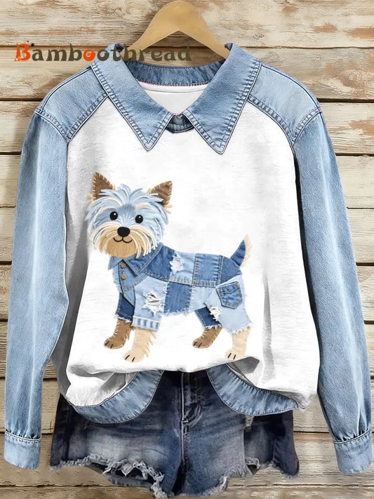 Women’s Denim Patchwork Yorkshire Terrier Dog Pattern Sweatshirt As picture / S