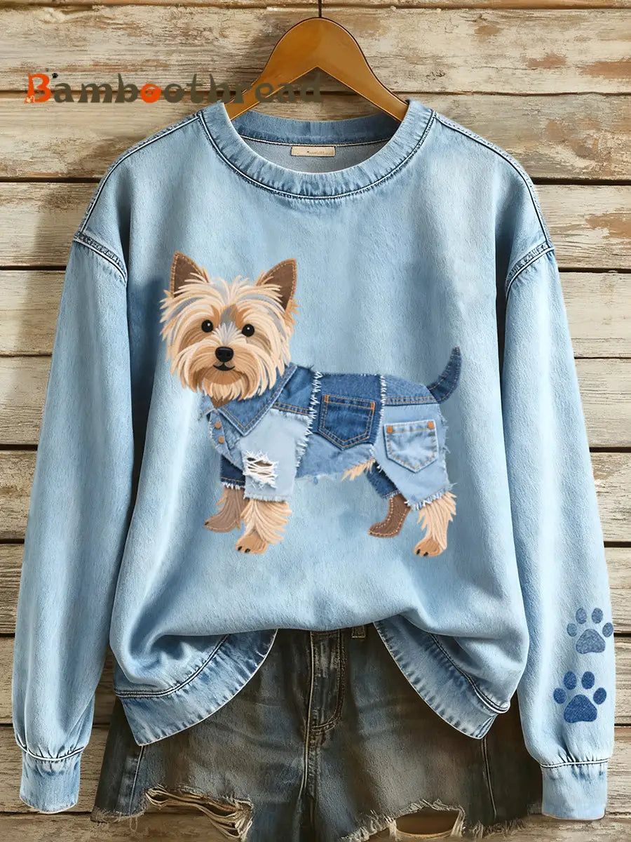 Women’s Denim Patchwork Yorkshire Terrier Dog Pattern Sweatshirt Blue / S