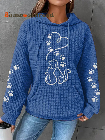 Women’s Dog And Cat Love Heart Print Casual Waffle Hoodie