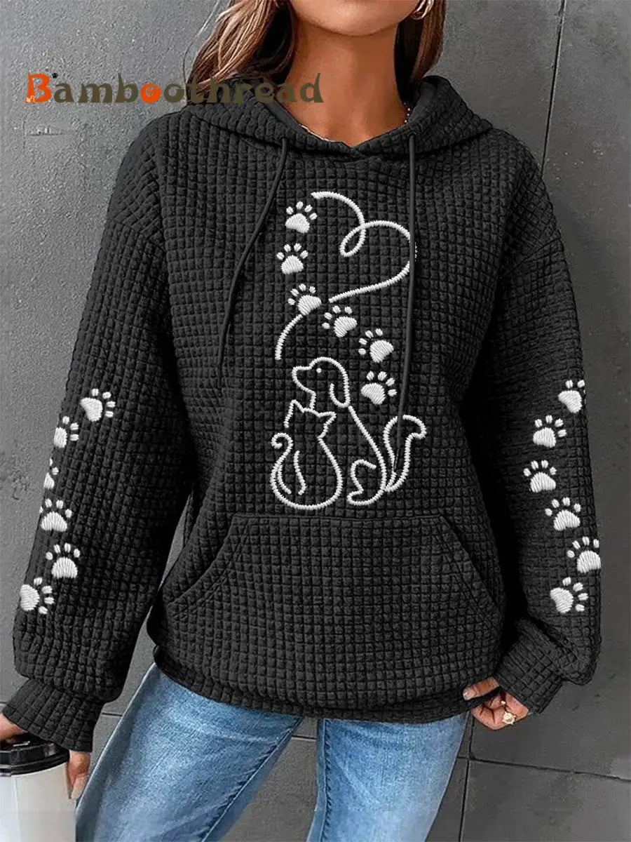 Women’s Dog And Cat Love Heart Print Casual Waffle Hoodie Black / S