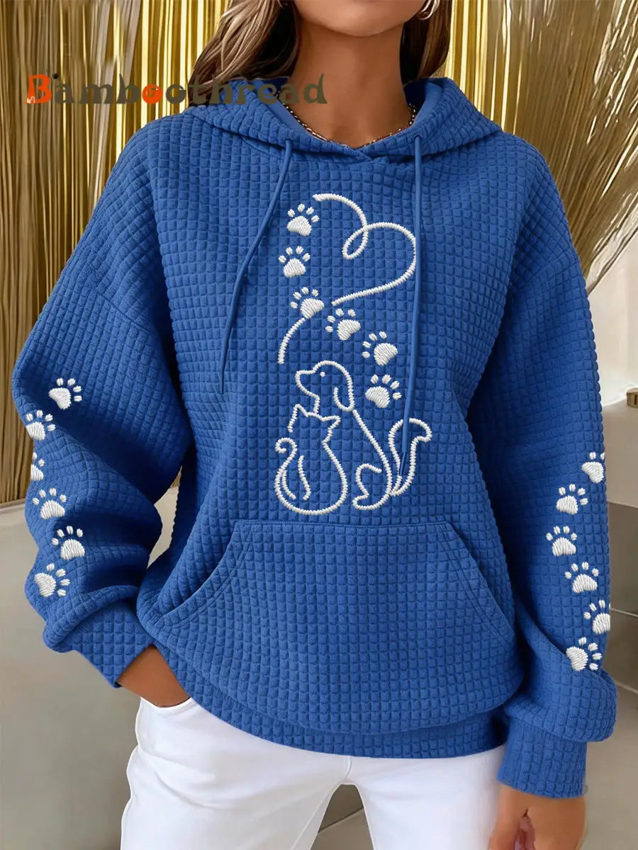 Women’s Dog And Cat Love Heart Print Casual Waffle Hoodie Blue / S