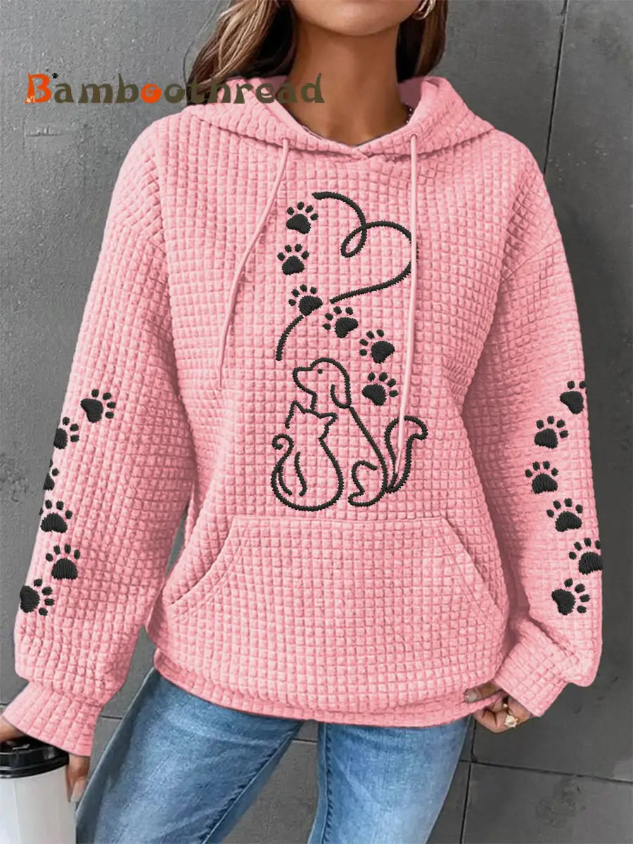 Women’s Dog And Cat Love Heart Print Casual Waffle Hoodie Pink / S