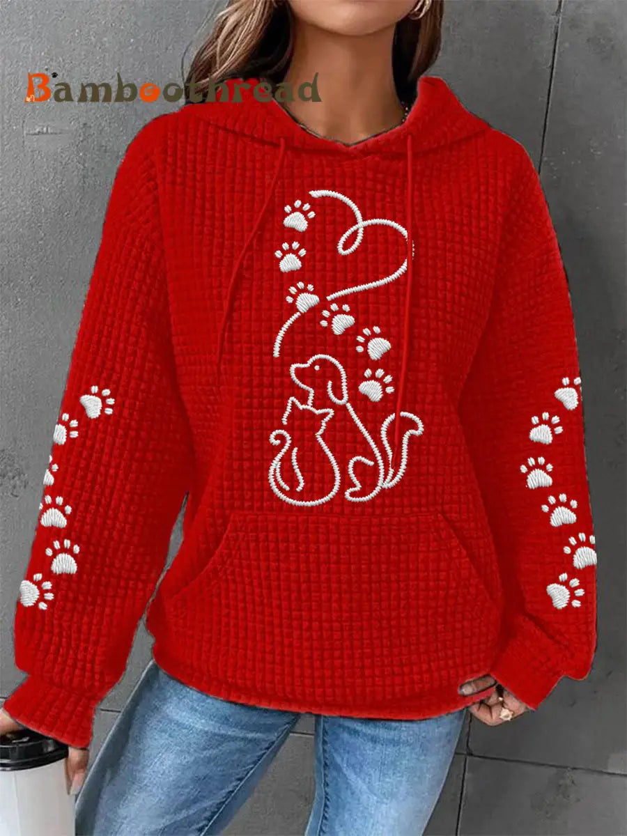 Women’s Dog And Cat Love Heart Print Casual Waffle Hoodie Red / S