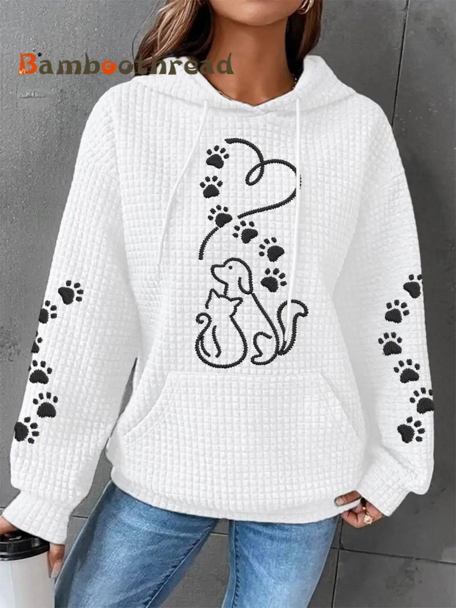 Women’s Dog And Cat Love Heart Print Casual Waffle Hoodie White / S