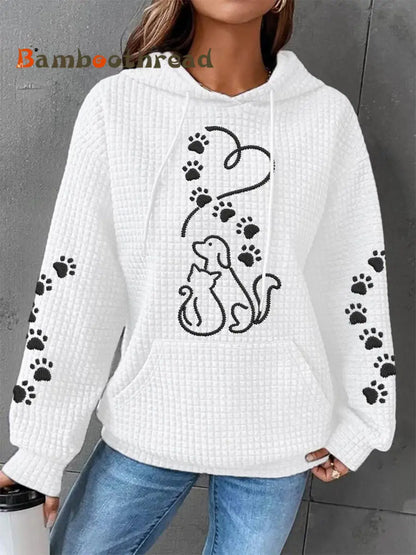 Women’s Dog And Cat Love Heart Print Casual Waffle Hoodie White / S