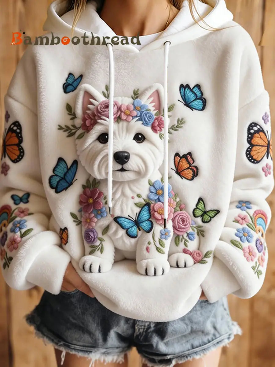 Women’s Dog Art Print Casual Hoodie White / S