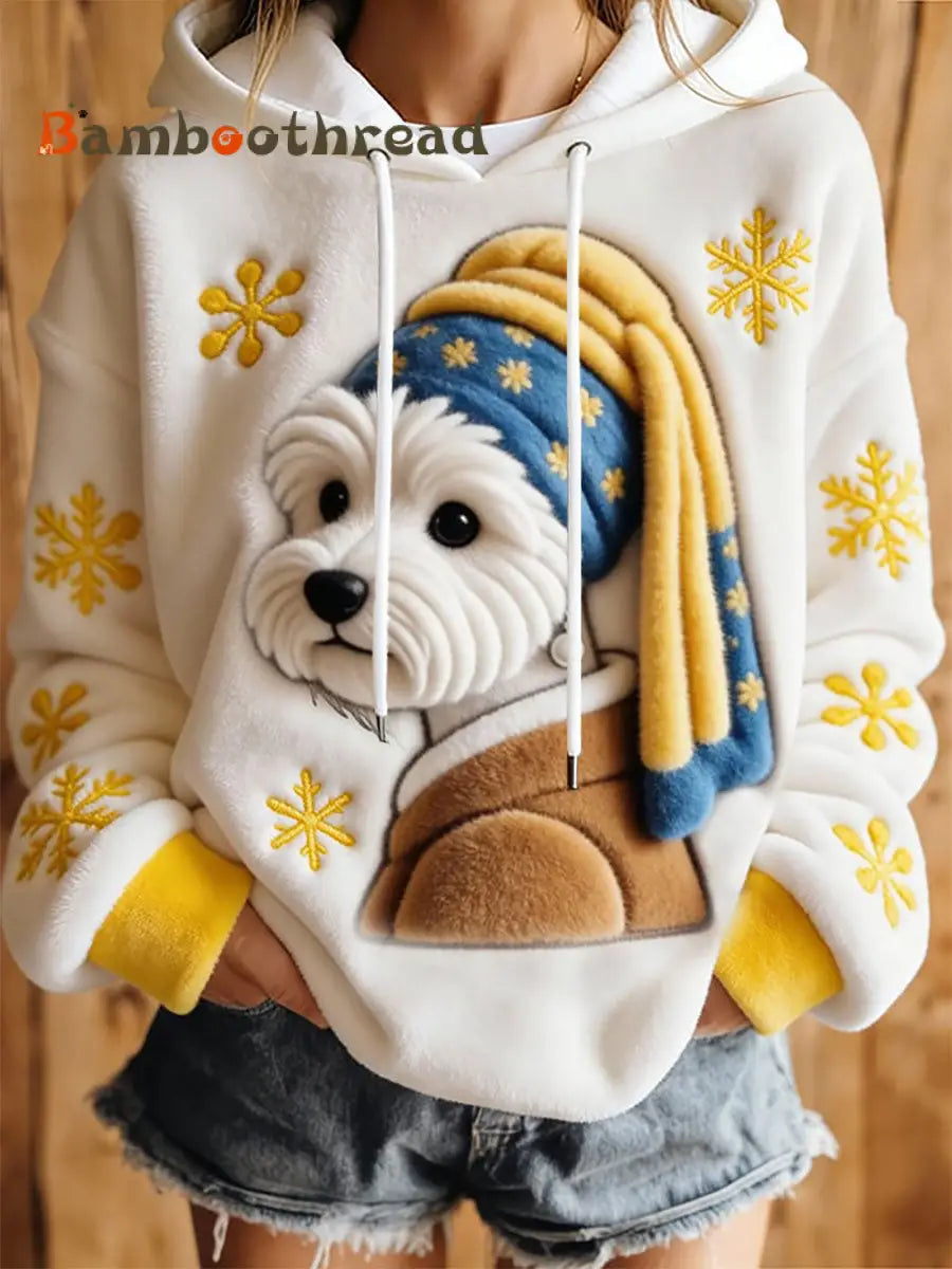 Women’s Dog Art Print Casual Hoodie White / S