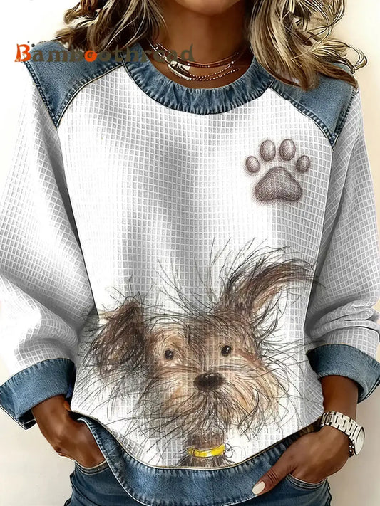 Women’s Dog Art Print Casual Top White / S