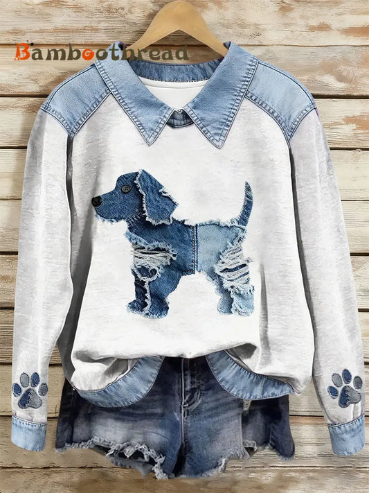 Women’s Dog Art Print Casual Top White / S