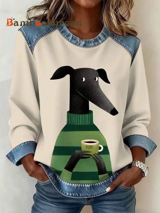 Women’s Dog Coffee Art Denim Patchwork Top S
