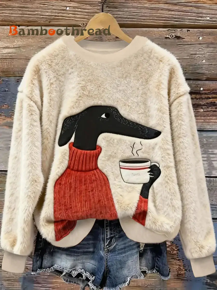 Women’s Dog Coffee Art Flannel Hoodie Apricot / S