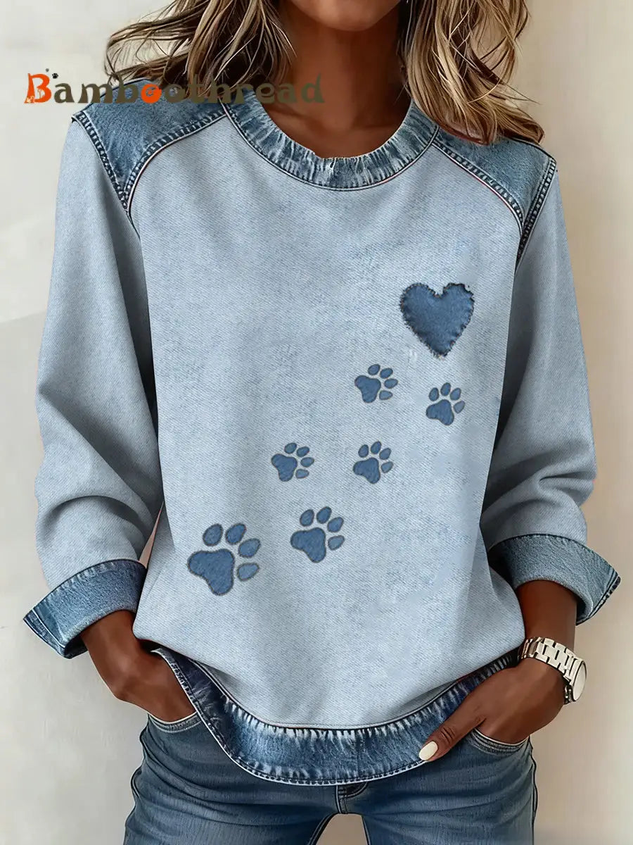 Women’s Dog Paw Denim Crewneck Sweatshirt Light Blue / S