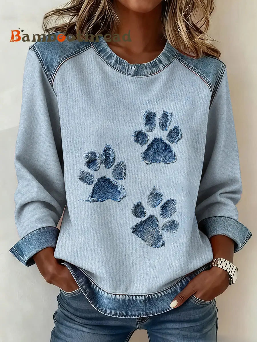 Women’s Dog Paw Denim Crewneck Sweatshirt Light Blue / S