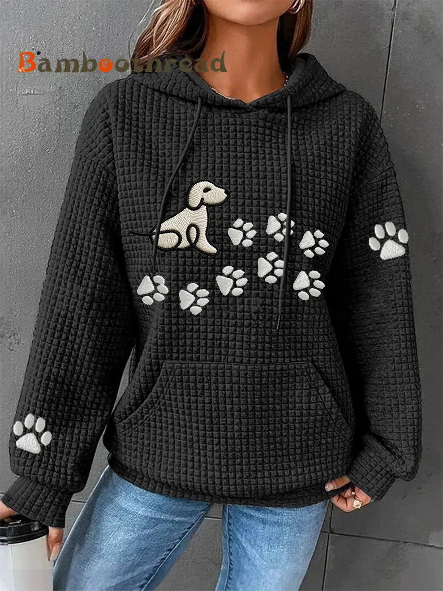 Women’s Dog Paw Print Dog Lovers Casual Waffle Hoodie Black / S