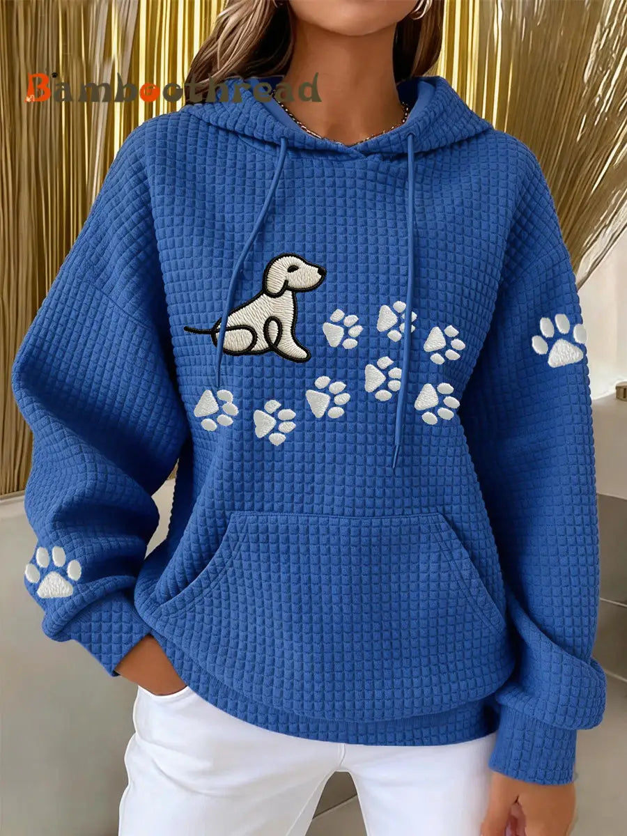Women’s Dog Paw Print Dog Lovers Casual Waffle Hoodie Blue / S