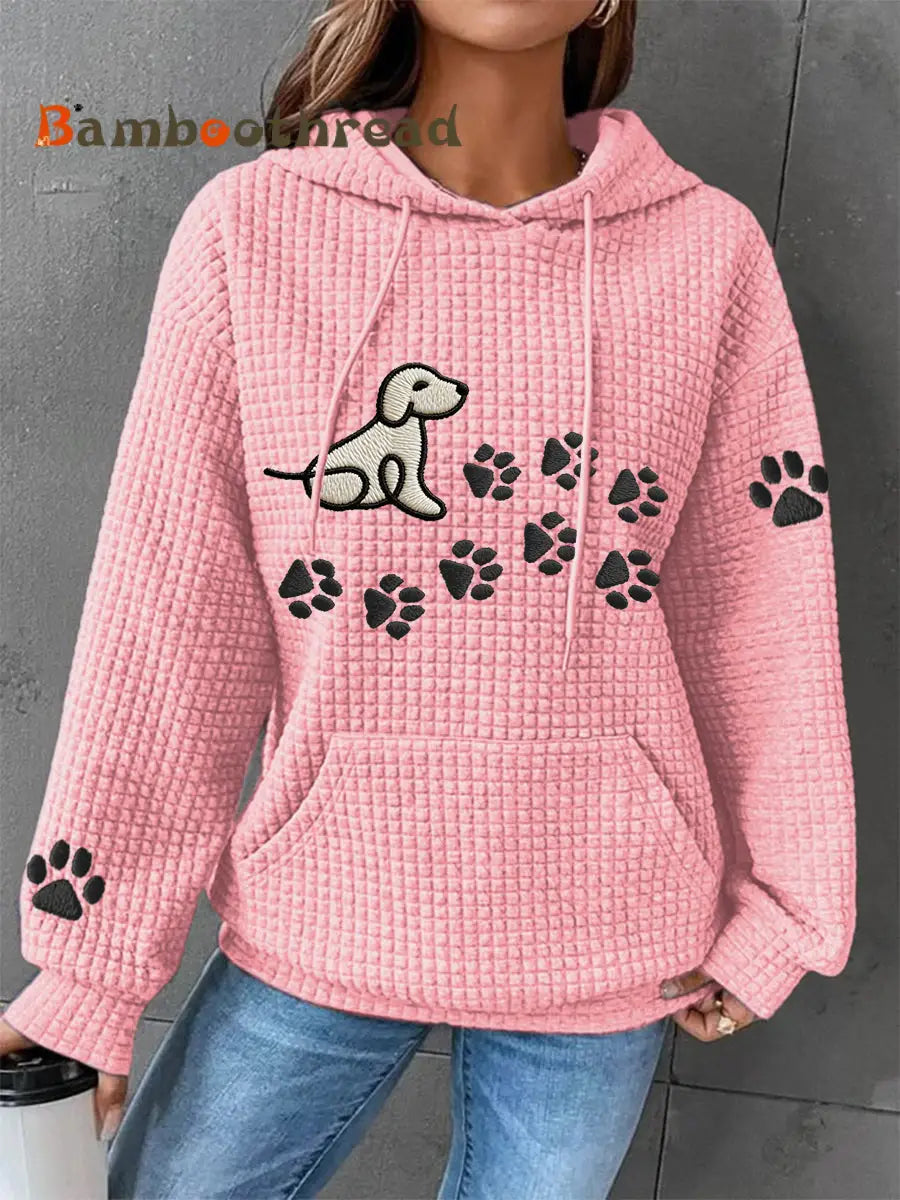 Women’s Dog Paw Print Dog Lovers Casual Waffle Hoodie Pink / S