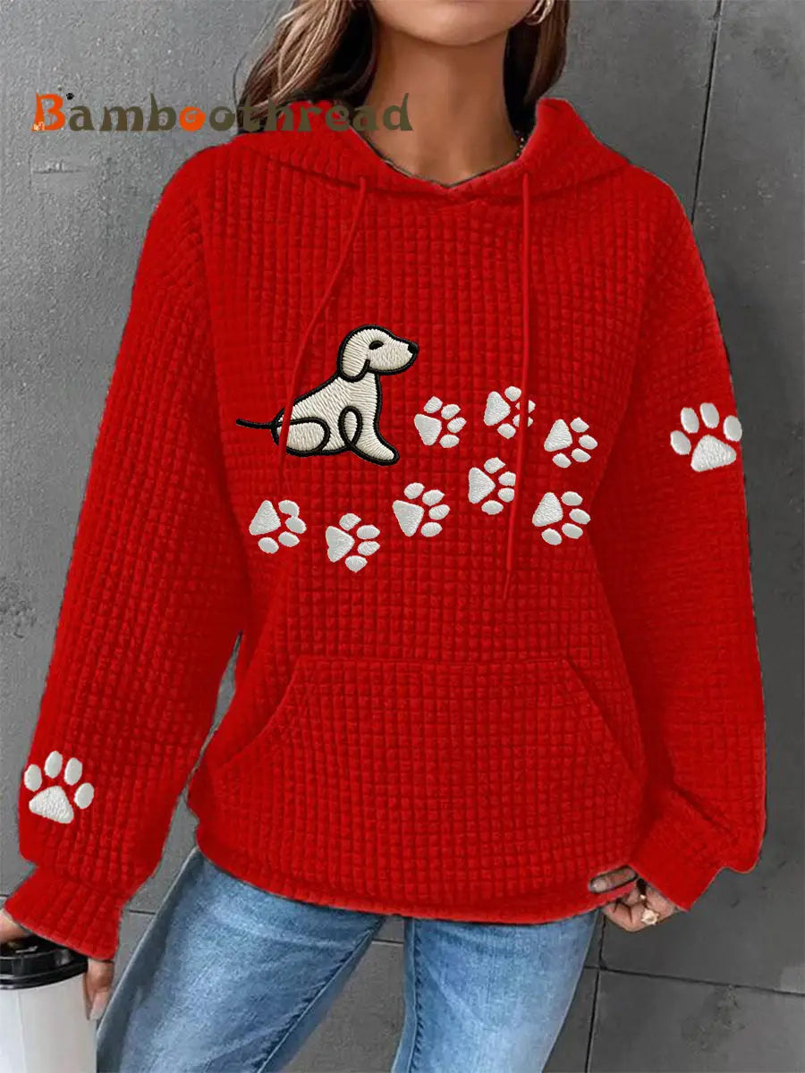 Women’s Dog Paw Print Dog Lovers Casual Waffle Hoodie Red / S
