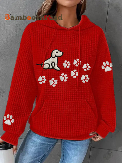 Women’s Dog Paw Print Dog Lovers Casual Waffle Hoodie Red / S