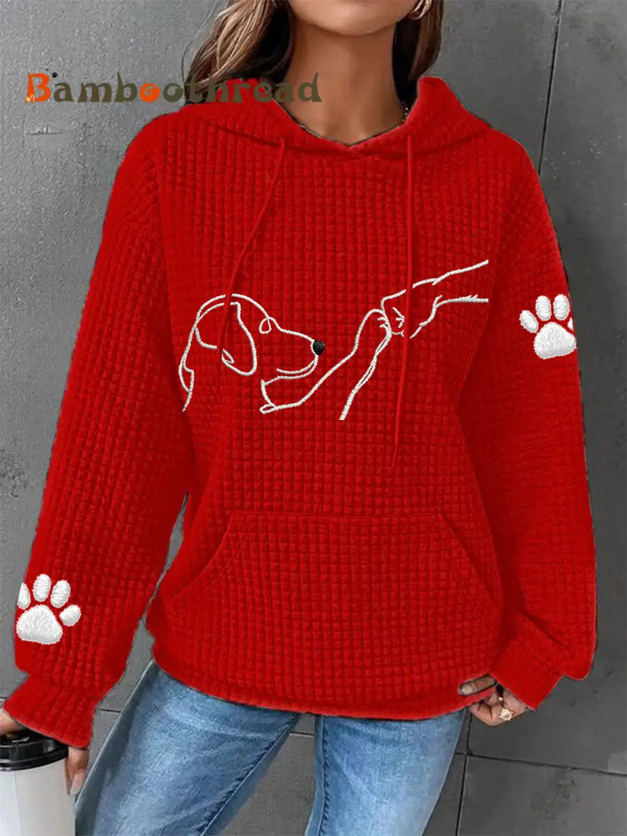 Women’s Dog Paw Print Dog Lovers Casual Waffle Hoodie Red / S