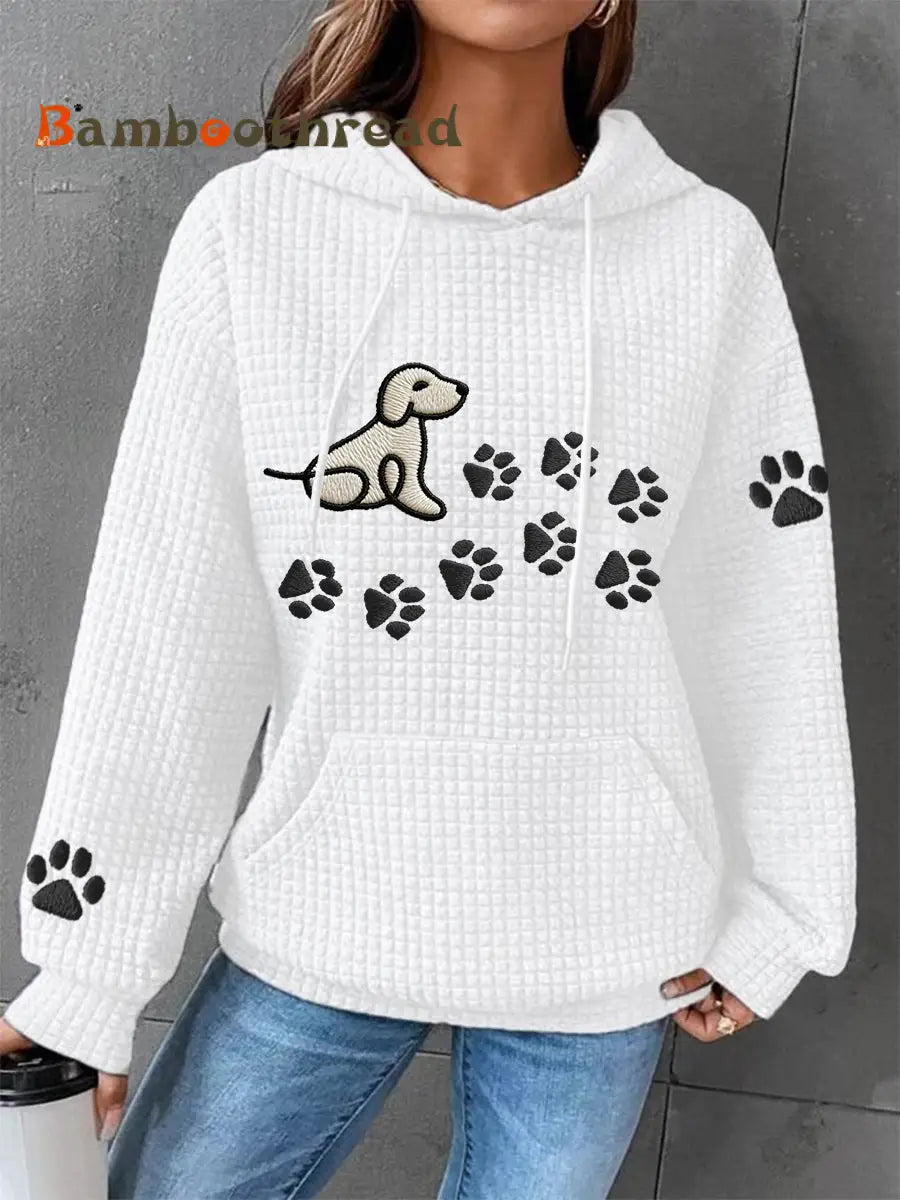 Women’s Dog Paw Print Dog Lovers Casual Waffle Hoodie White / S