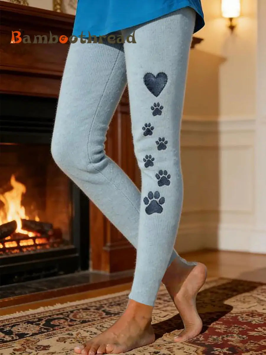 Women’s Dog Paw Print Velvet-Lined Leggings Light Blue / S