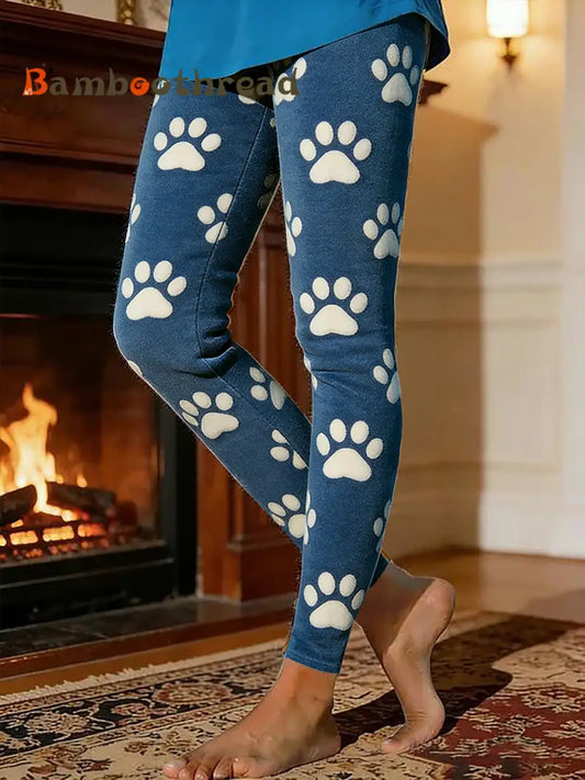 Women’s Dog Paw Warm Fleece-Lined Leggings Blue / S