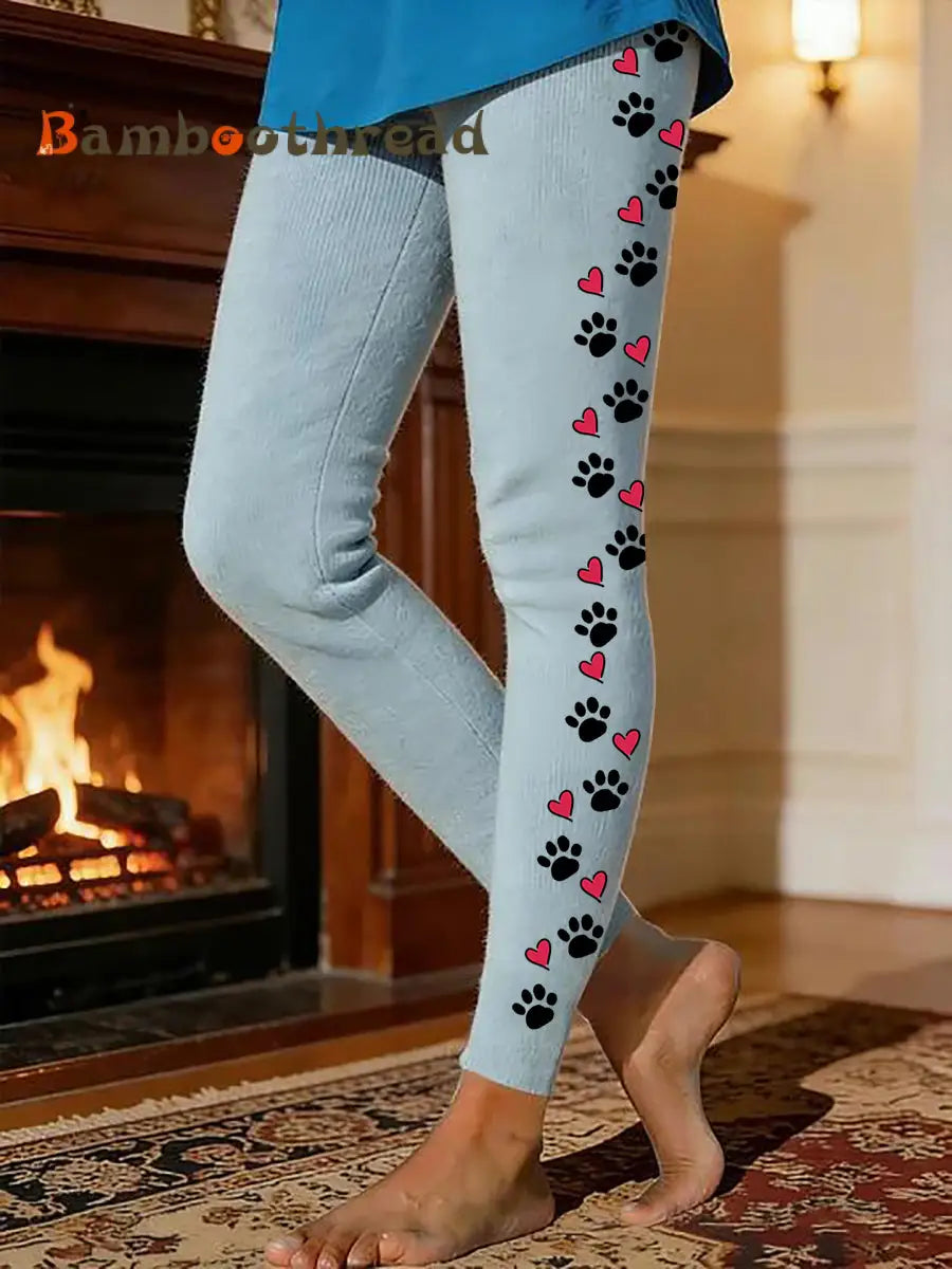 Women’s Dog Paw Warm Fleece-Lined Leggings Light Blue / S