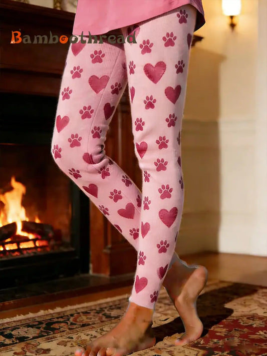 Women’s Dog Paw Warm Fleece-Lined Leggings Pink / S