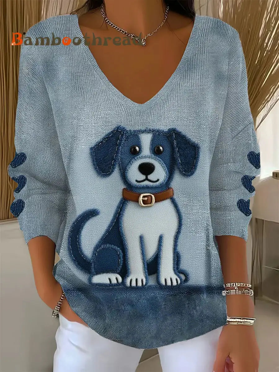 Women’s Dog Print V-Neck Tops Blue / S