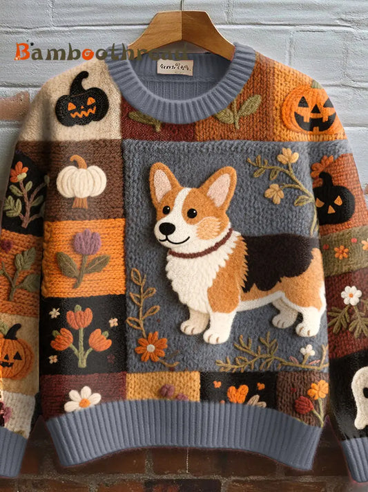 Women’s Fall Inspired Corgi Dog Felt Art Cozy Knit Sweater As picture / S